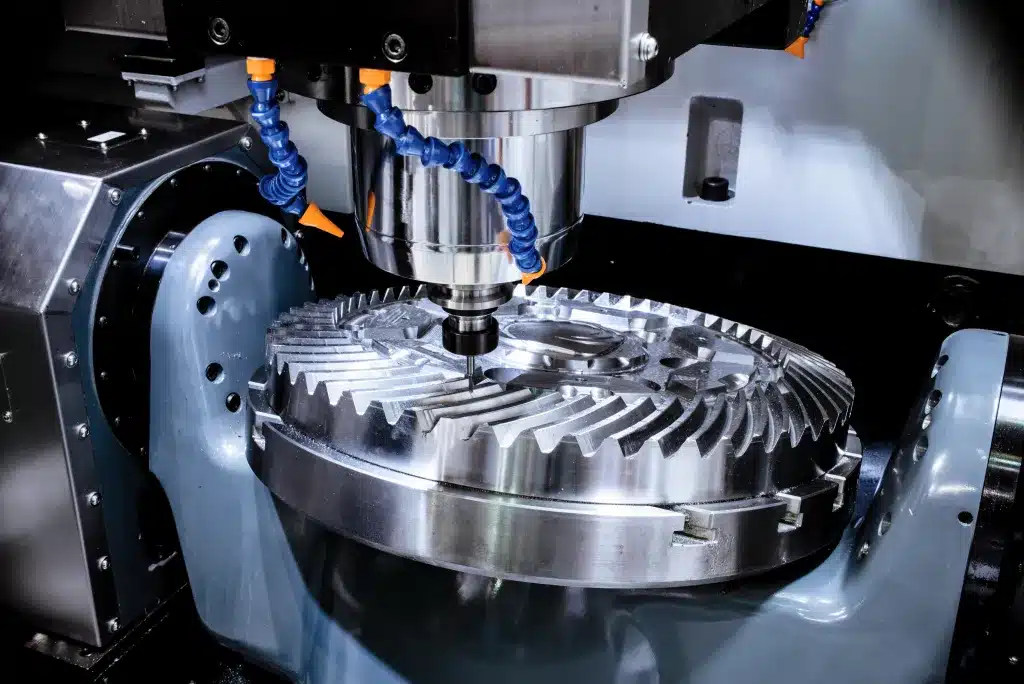 Eine CNC Fräsmaschine wie sie ein großes Zahnrad aus einer Edelstahlscheibe fräst